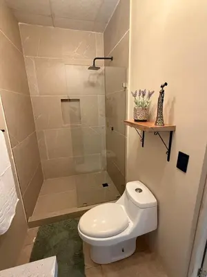 a bathroom with a toilet and a shower at Apartamentos MarSol in Uvita
