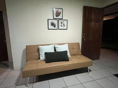 a brown couch with two pillows on a wall at Casa de Campo Nara in Fortuna