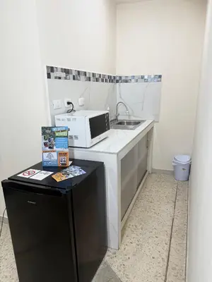 a kitchen with a sink and a microwave on a counter at Beautiful loft in San José in San José