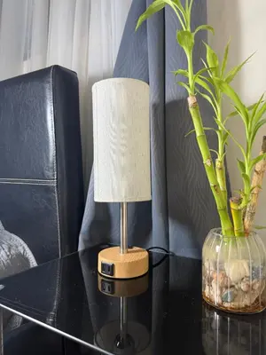 a lamp on a table next to a vase with a plant at Beautiful loft in San José in San José