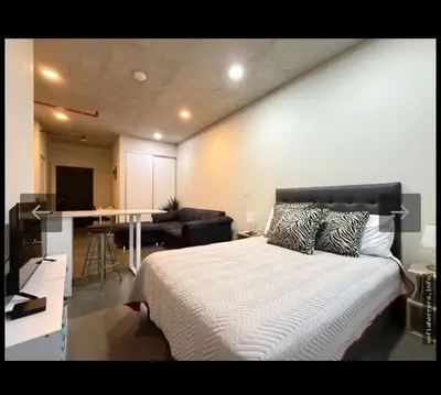 a bedroom with a large bed and a living room at Studio Apartment URBN Escalante in San José