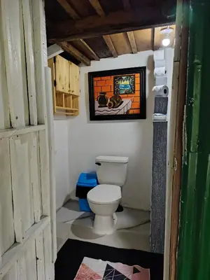 a bathroom with a toilet and a painting on the wall at Cabins river blue in Rio Celeste