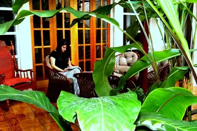 a woman sitting in a chair in a room with plants at Casa Hotel Sura in San José
