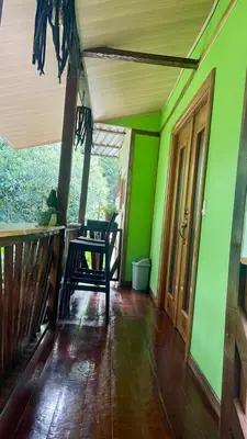 a room with green walls and a table and chairs at Chilamate Jungle View in Tortuguero
