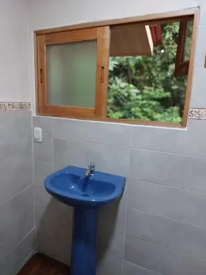 a blue sink in a bathroom with a window at Chilamate Jungle View in Tortuguero