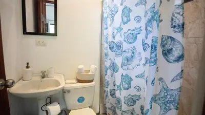 a bathroom with a sink and a toilet with a shower curtain at Stella's Santa Teresa in Mal País
