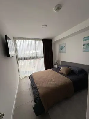 a bedroom with a bed and a large window at Excellent location, beautiful apartment in San José