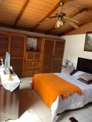 a bedroom with a bed and a ceiling fan at Apartamento Adriana in Cartago