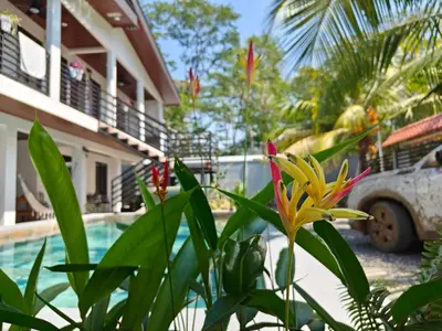 a yellow flower in front of a building with a pool at AJ Suites - Modern Beach Apartments with Pool and Full Kitchen in Uvita