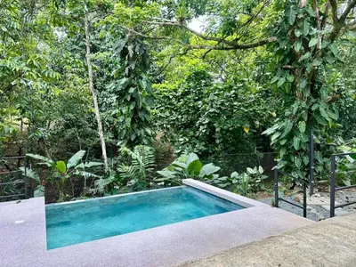 a swimming pool in the middle of a garden at Casa de Bosque con Piscina in Naranjito