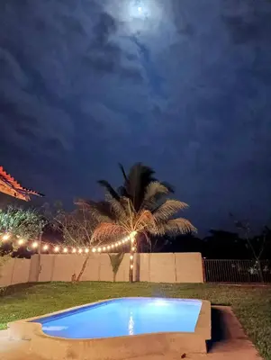 a swimming pool at night with a palm tree and the moon at Quinta Rincon Silvestre cerca de Volcán in Jabillos
