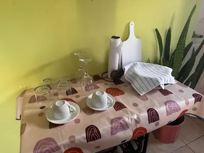 a table with a polka dot table cloth on it at Vista Serena in San Isidro