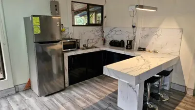 a kitchen with a stainless steel refrigerator and a counter at House in the Woods in Guápiles