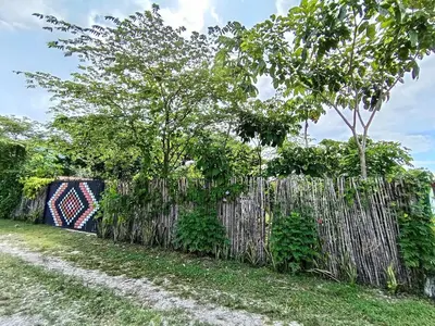 a fence in a yard with a tree behind it at Casa Mares in Lepanto