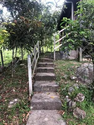 a stairway leading up to a house with a fence at Cabaña El Bosque in Turrialba