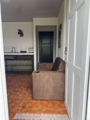 a living room with a couch and a kitchen at Mini apartment in downtown Limón with AC in Puerto Limón