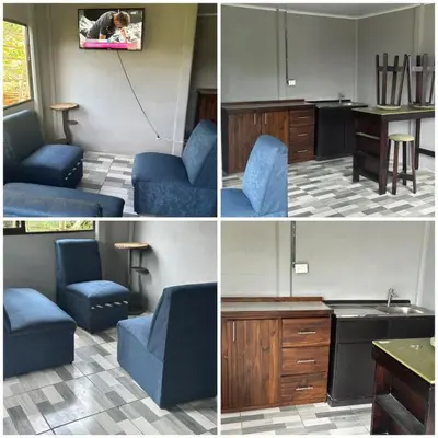 three pictures of a living room with blue chairs and a kitchen at Mi refugio in Ciudad Cortés
