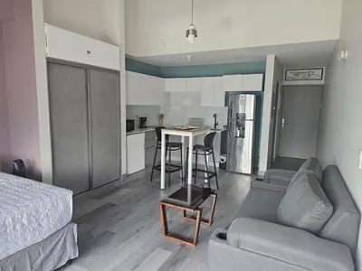 a room with a bed and a living room with a kitchen at Chic Studio in Barrio Escalante in Tapantí
