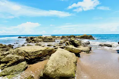 a group of rocks on a beach with the ocean at Palacio Tropical in Puntarenas