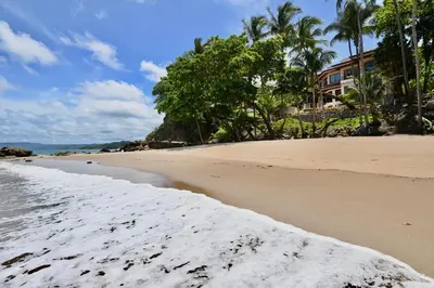 a sandy beach with palm trees and a building at Palacio Tropical in Puntarenas