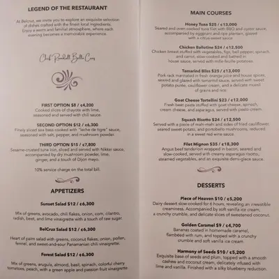 a view of the menu of the restaurant at Belcruz family lodge in Monteverde Costa Rica