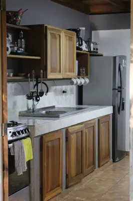 a kitchen with wooden cabinets and a sink and a refrigerator at Brisas del Caribe 3 in Tapantí