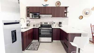 a small kitchen with a stove and a refrigerator at Macaw House with private pool in Arenas Herradura in Herradura