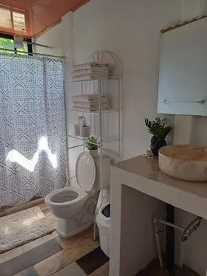 a bathroom with a toilet and a sink at Casitas katia in Tapantí