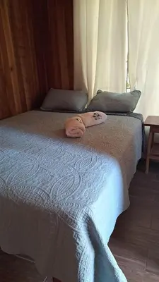a bedroom with a bed with two pillows on it at Cabaña Nosara in Santa Cruz