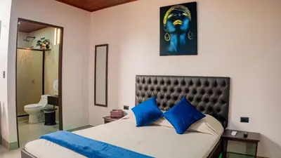 a bedroom with a large bed with blue pillows at Toucan Villa Rio Cuarto in Río Cuarto
