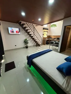 a bedroom with a large bed and a staircase at Toucan Villa Rio Cuarto in Río Cuarto