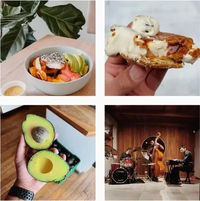 a collage of four pictures with food and a drummer at Lovely space - awesome San Jose view from 26th fl in San José