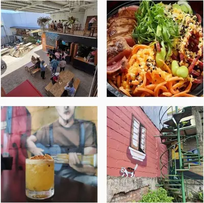 four different pictures of different foods and a drink at Lovely space - awesome San Jose view from 26th fl in San José