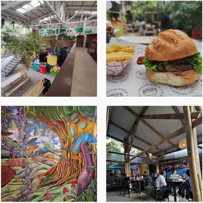 a collage of three pictures with a hamburger and fries at Lovely space - awesome San Jose view from 26th fl in San José