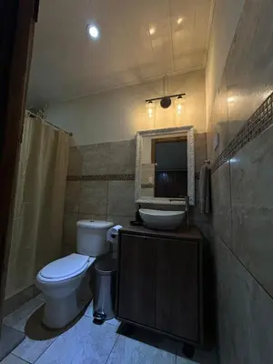 a bathroom with a toilet and a sink and a mirror at Rancho and Modern Rustic House with a Valley View in Venecia