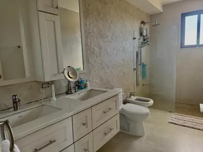 a bathroom with a sink and a toilet and a shower at Villa Dorada 55 in Marbella
