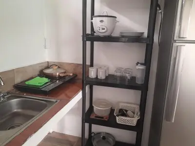 a kitchen with a shelf with dishes and a sink at Apartamentos GoZu # 1 in Puerto Viejo