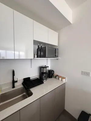 a kitchen with a sink and a microwave at Balcony Sunset in San José
