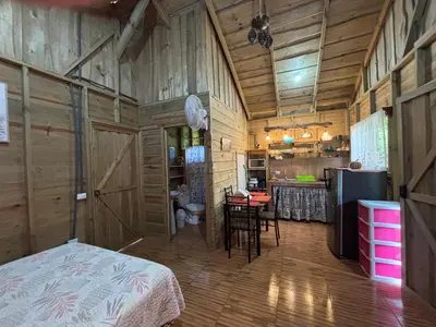 a room with a bed and a kitchen in a cabin at Cabaña Jacaranda #1, San Isidro, Pérez Zeledón in Roble
