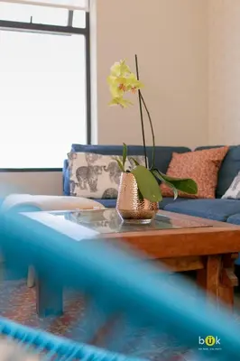 a blue couch with a table with a flower on it at Charming 3BR in Trendy Neighborhood in San José