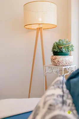 a table with a lamp and a potted plant at Charming 3BR in Trendy Neighborhood in San José