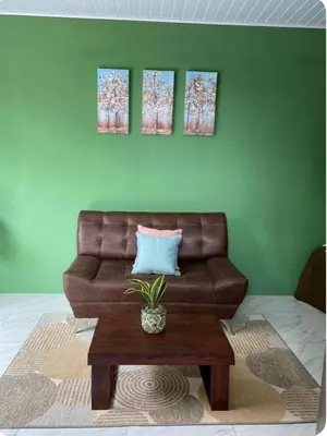 a living room with a brown couch and a table at Apartamentos zafiro in Bahia