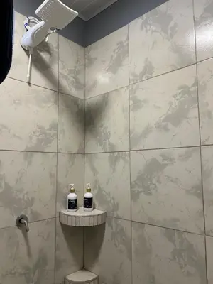a bathroom with a shower with two bottles on a shelf at Apartamentos zafiro in Bahia