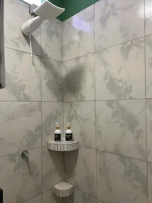 a bathroom with a shower with two bottles on a shelf at Apartamentos zafiro in Bahia
