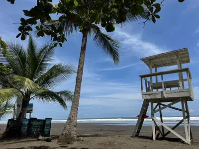 a chair and palm trees on a beach at Casa Bela in Parrita