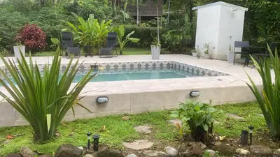 a small swimming pool in a yard with plants at Private Cabina at Yoga Center in Ojochal