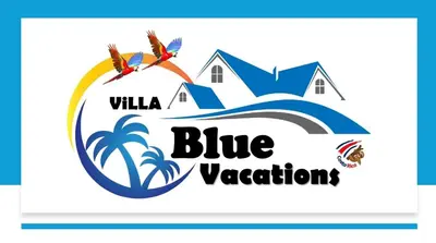 a logo for blue vacations with a surfer on a wave at Villa Blue Vacations in Parrita