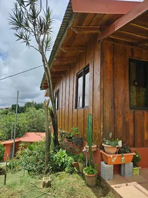 a wooden house with potted plants in front of it at Ecos del Poás vista al jardín in Dulce Nombre