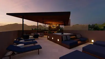 a rendering of a patio with blue chairs and a table at Royal Grand Resorts - Where guys come to play! Exclusively for men! in Manuel Antonio