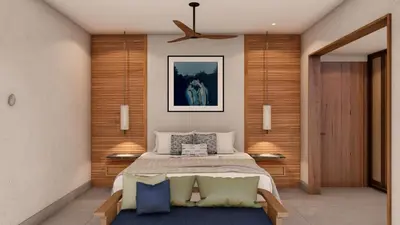 a bedroom with a large bed with wooden walls at Royal Grand Resorts - Where guys come to play! Exclusively for men! in Manuel Antonio